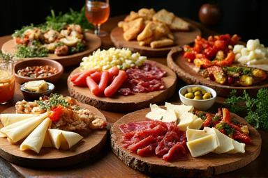 Elegant spread of Italian appetizers including cured meats, cheeses, and olives