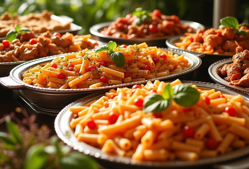 Variety of catered dishes on display including pasta, meats, and salads